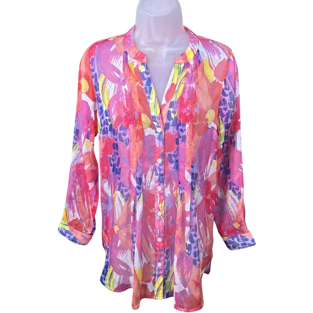 Soft Surroundings Sheer Floral Tunic Blouse Pink Purple PXS